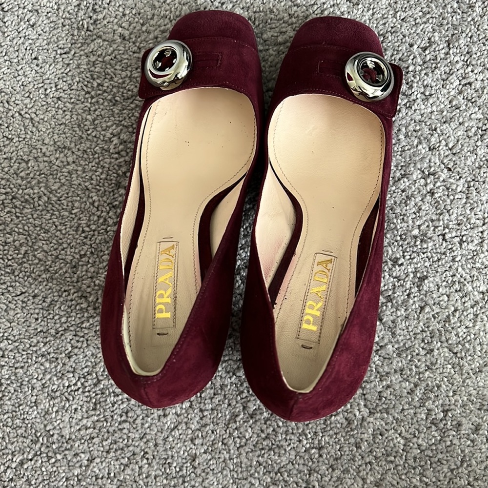 Prada Burgundy Suede Gold Button Heels - Picture 4 of 10